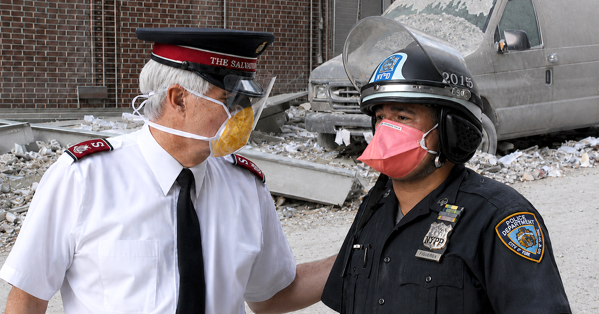 A Salvation Army officer and a police officer stand near rubble